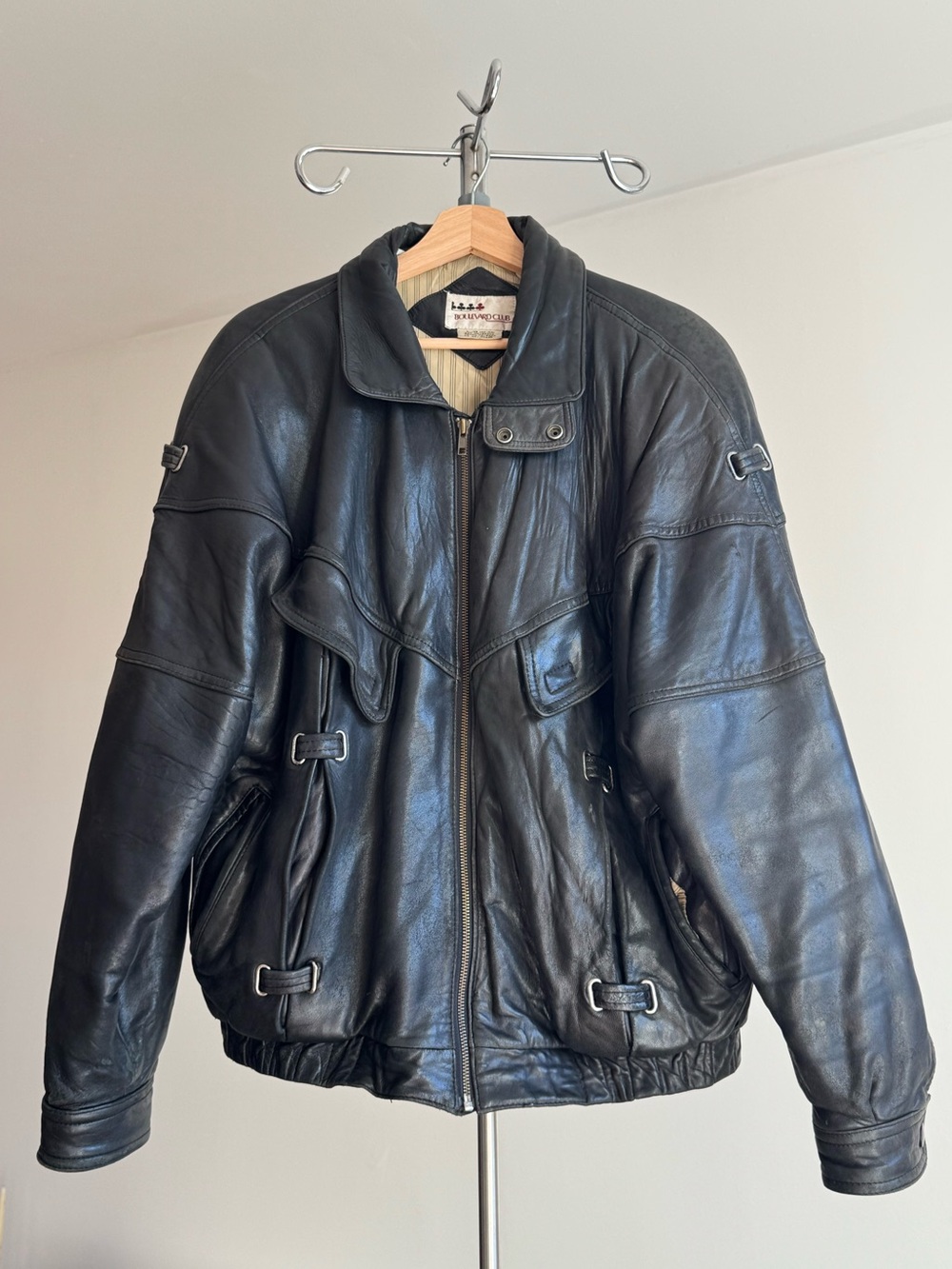 Vintage 80s/90s Heavy Black Genuine Leather Rocker Bomber Jacket